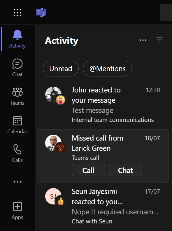 Microsoft Teams activity and feed